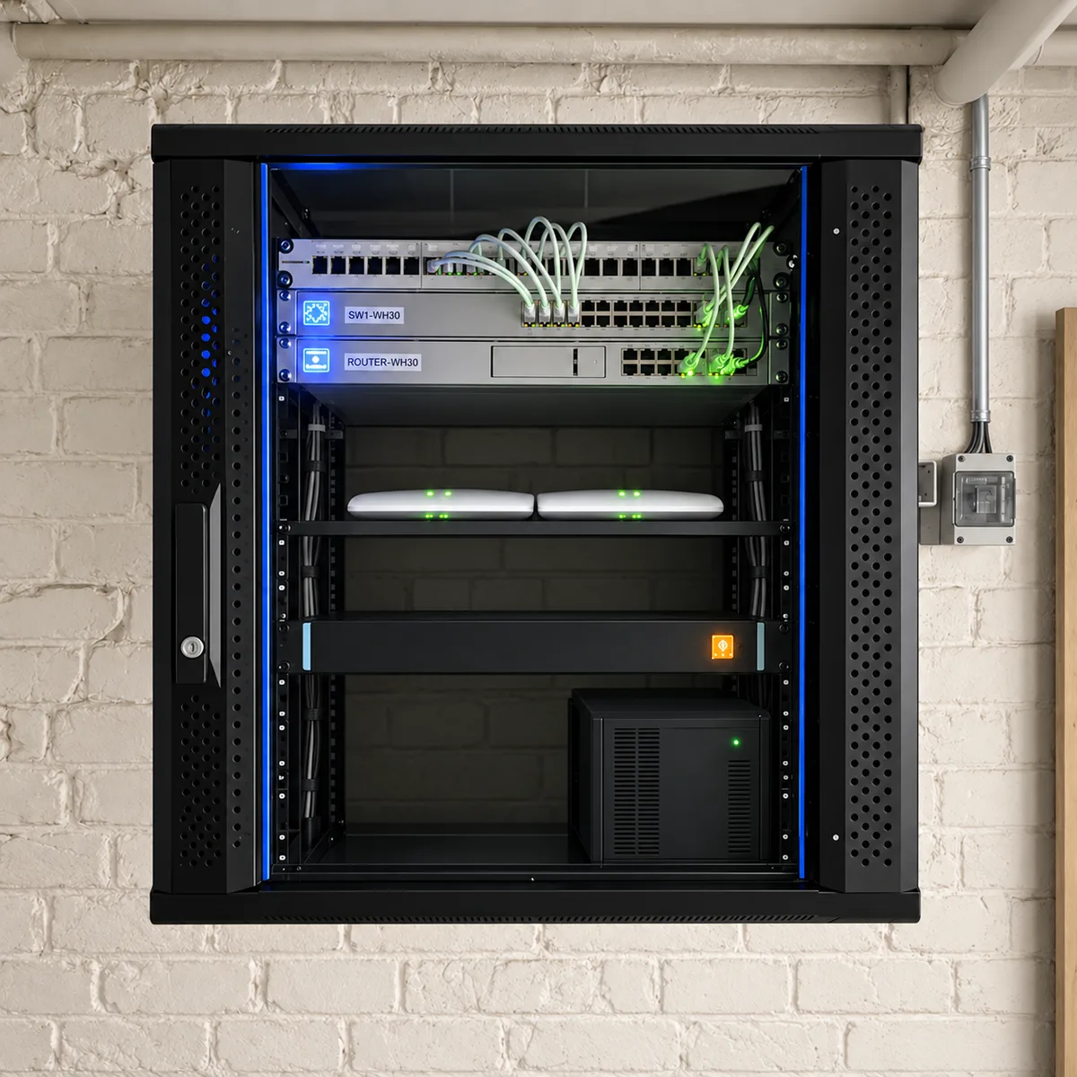 Bearbeitete Darstellung des Netzwerkschranks mit Switch, Router und USV